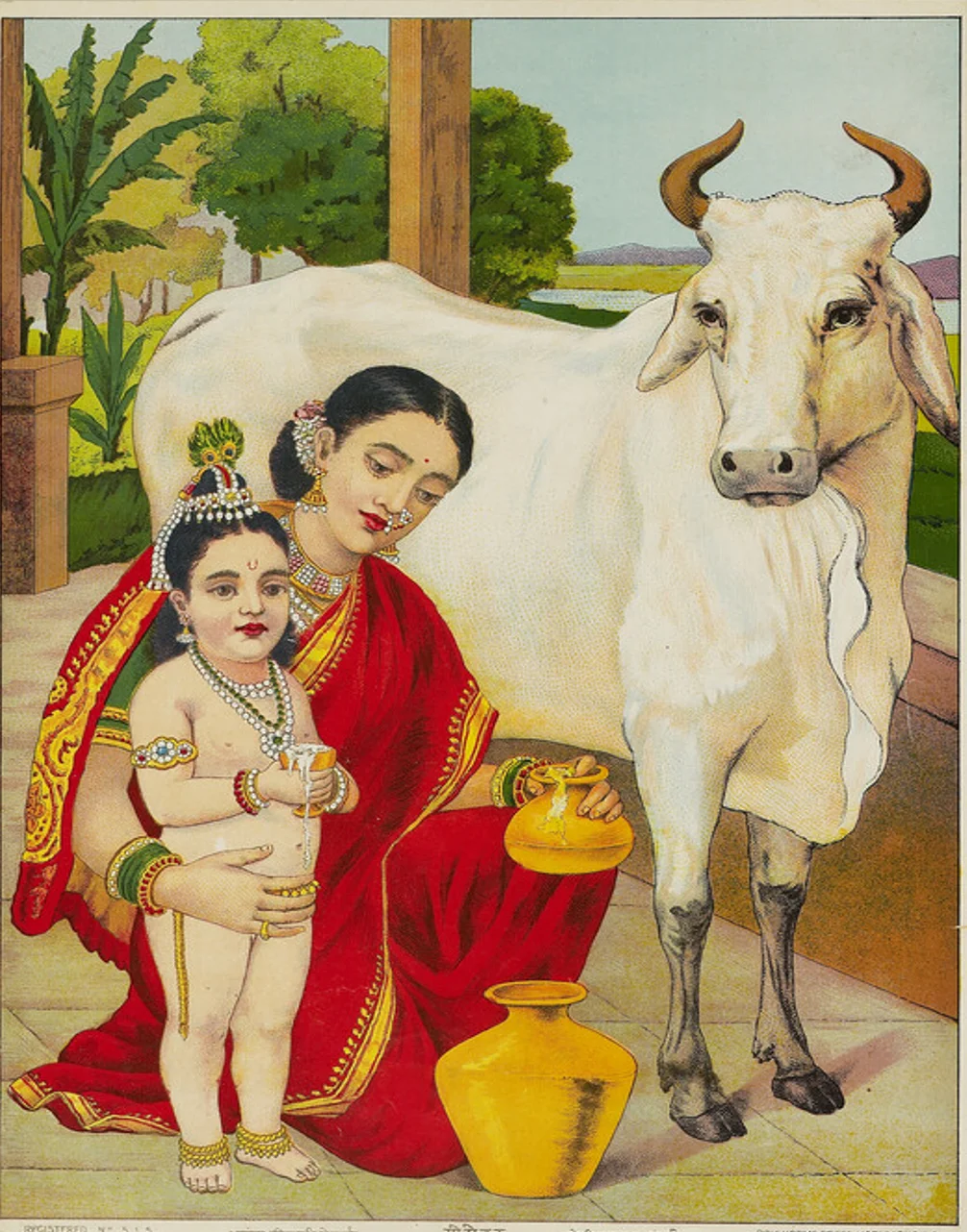 Go-dohana milking the cow
place of creation: Mumbai late 19th - early 20th century (1871 - 1930)
Presented by the Church Missionary Society, 1966
EA1966.52.110
Ravi Varma, Raja (1848 - 1906), artist, after
Ravi Varma Press, printmaker
chromolithograph, Material: paper,
Technique: lithograph
h x w 36 x 25 cm
