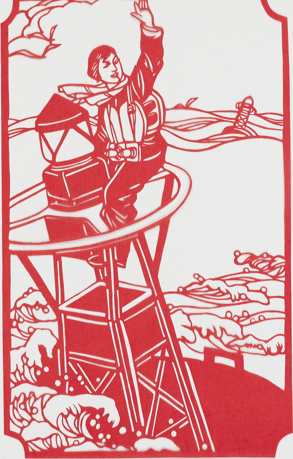 Woman on top of a lighthouse in a storm
place of creation: China 1973 - 1974
Presented by John Gittings, 2008.
cut paper, 23.5 x 14.5 cm (height x width)
New Women: Chinese Folk Papercuts, 1973 - 1974
