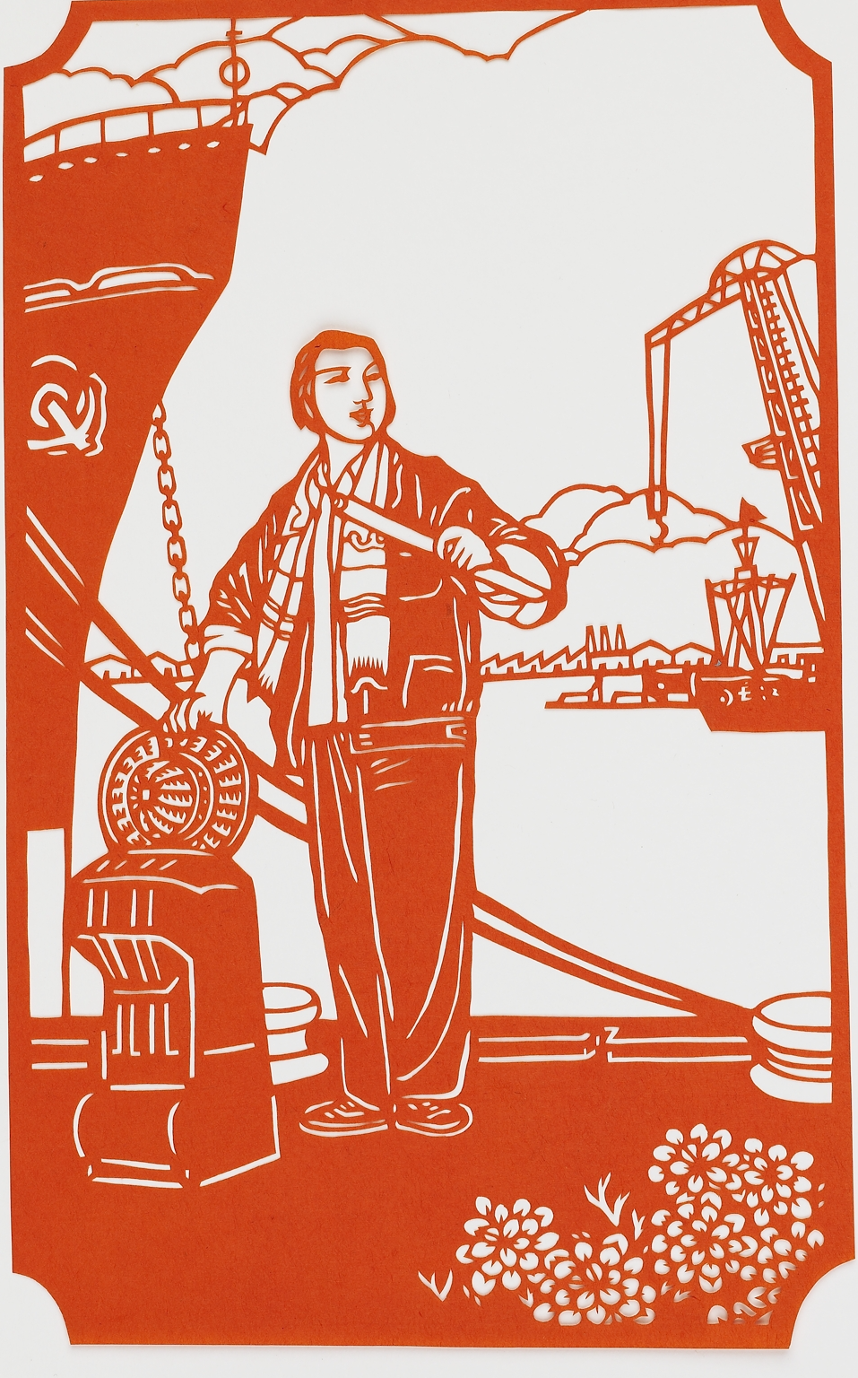 Woman on the dock at a shipyard
place of creation: China 1973 - 1974
Presented by John Gittings, 2008.
cut paper, 23.5 x 14.5 cm (height x width)
New Women: Chinese Folk Papercuts, 1973 - 1974