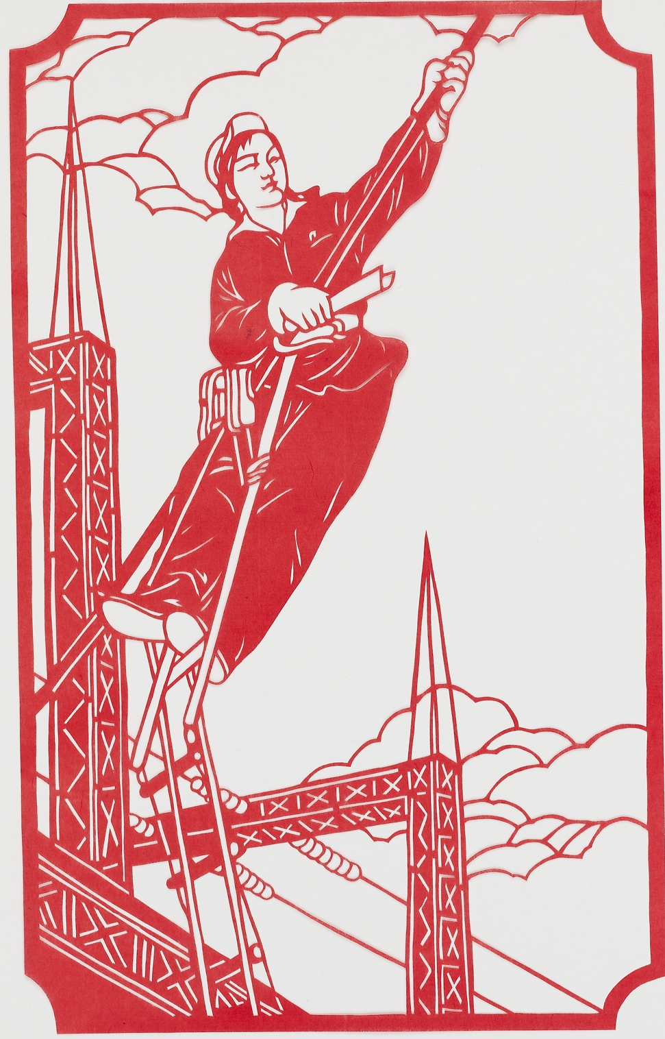 Woman on a suspension bridge cable
place of creation: China 1973 - 1974
Presented by John Gittings, 2008.
cut paper, 23.5 x 14.5 cm (height x width)
New Women: Chinese Folk Papercuts, 1973 - 1974