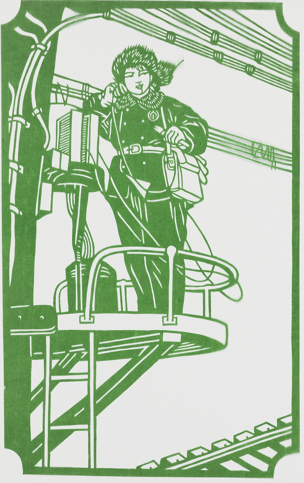 Woman up a pylon by a railway track
place of creation: China 1973 - 1974
Presented by John Gittings, 2008.
cut paper, 23.5 x 14.5 cm (height x width)
New Women: Chinese Folk Papercuts, 1973 - 1974