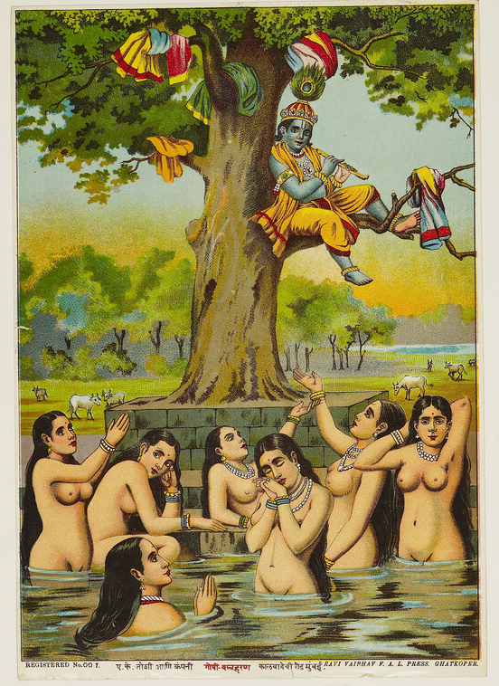 Krishna stealing the gopis' clothes
place of creation: Mumbai late 19th - early 20th century (1871 - 1930)
Presented by the Church Missionary Society, 1966.
Ravi Varma, Raja (1848 - 1906), artist, after
Ravi Vaibhav Press, printmaker
chromolithograph, Material: paper,
T echnique: lithograph
h x w 35.5 x 25 cm