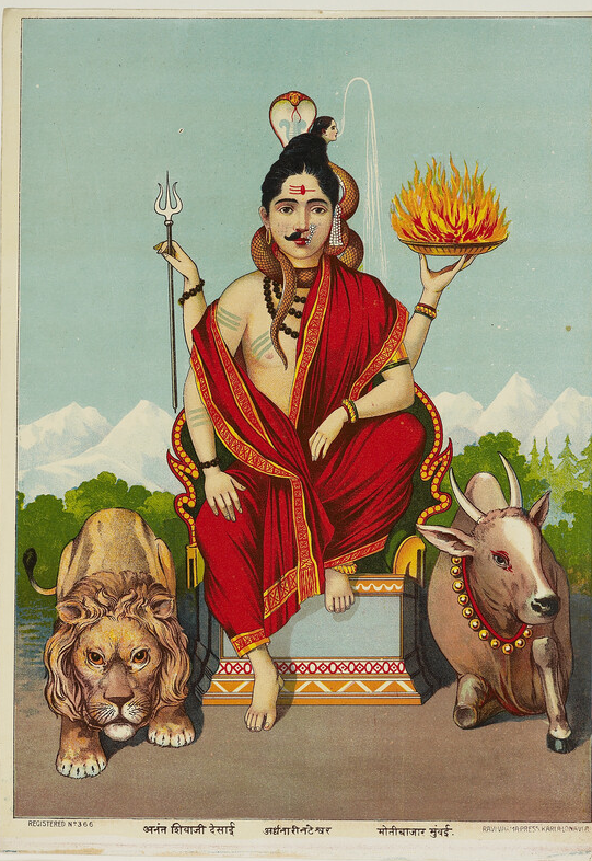 Ravi Varma, Raja (1848 - 1906), artist, after
Ravi Varma Press, printmaker
Ardhanari-Nateshvara, the androgynous composite of Shiva and Parvati
place of creation: Mumbai late 19th - early 20th century (1871 - 1930)
Presented by the Church Missionary Society, 1966.
chromolithograph, Material: paper,
Technique: lithograph
h x w 36 x 25 cm
