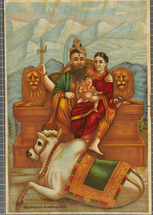 Chitrashala Press, printmaker
Shiva, Parvati, the infant Ganesha, and Nandin on Mount Kailash
place of creation: Pune late 19th century (1871 - 1900)
Presented by the Church Missionary Society, 1966.
chromolithograph, Material: paper,
T echnique: lithograph
h x w 36.5 x 25 cm