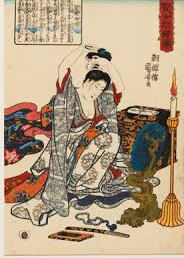 Utagawa Kuniyoshi (1797 - 1861), designer
Senzaburō Ibaya (c. 1820s - c. 1870s), publisher
The loyal wife Kesa Gozen cutting her hair
place of creation: Tōkyō place of publication: Tōkyō
circa 1841
Presented by Christ Church College, University of Oxford, 1983.
woodblock print, with bokashi (tonal gradation), Material: paper, Technique: colour woodcut
h x w x d: frame 59.6 x 44.5 x 1.7 cm
h x w: print 35 x 25 cm