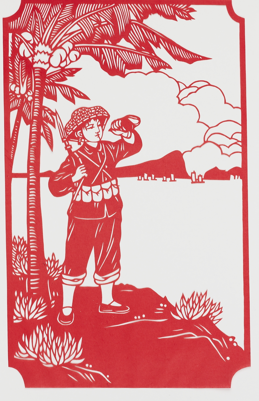 An Illustration of Island Militia Women, written by Li Ruqing (b. 1928) and first published in April 1966.
The story is set in the early 1960s on one of the China’s southeastern sea islands, where a group of female militia soldiers made a living by fishing but also armed themselves to defend their territory against enemies who ‘wanted to deconstruct the new China’.
place of creation: China 1973 - 1974
Presented by John Gittings, 2008.
cut paper, 23.5 x 14.5 cm (height x width)