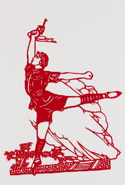 Heroine from the ballet Red Detachment of Women
Chinese Folk Papercuts
place of creation: Yangzhou, 1970s
Presented by John Gittings, 2008
The ballet Red Detachment of Women was one of the eight revolutionary model plays designated by Jiang Qing during the Cultural Revolution. The story depicts the liberation of a peasant girl named Wu Qinghua, who joined the Red Army on Hainan Island, and her rise under the influence of an army representative of the Communist Party Hong Changqing, The ballet was adapted from a novel based on a true story from the 1930s, and later adapted into film and opera. The ballet was highly praised by Premier Zhou Enlai, and performed for the U.S. President Richard Nixon on his visit to China in 1972. Despite its political overtones, the ballet remains part of the standard repertoire and a favourite amongst music and ballet lovers in China.